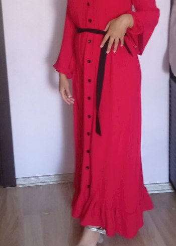 Kırmızı Uzun Kollu Salaş Uzun Elbise - Görsel 2