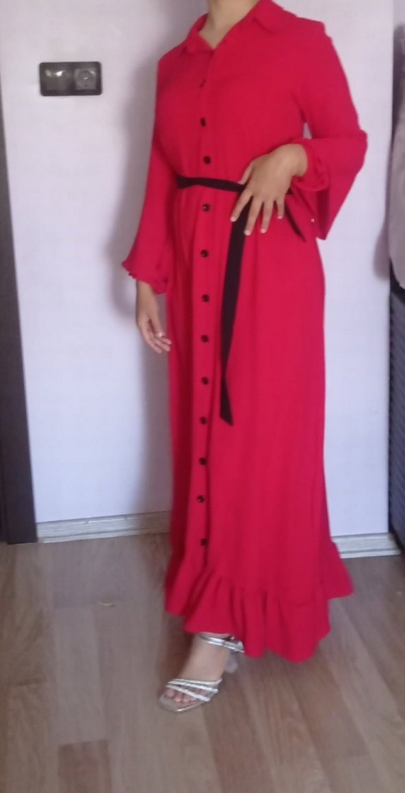 Kırmızı Uzun Kollu Salaş Uzun Elbise - Görsel 2