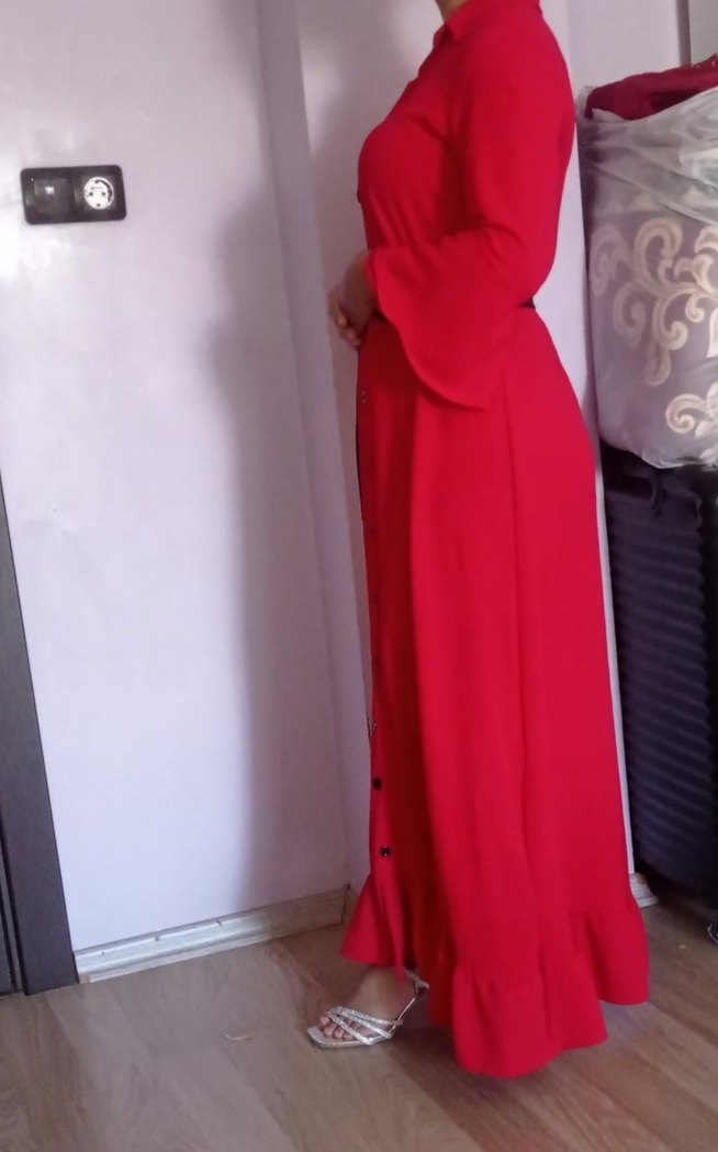 Kırmızı Uzun Kollu Salaş Uzun Elbise - Görsel 3