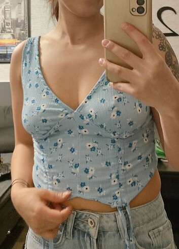 xs Beden Çicekli mavi crop