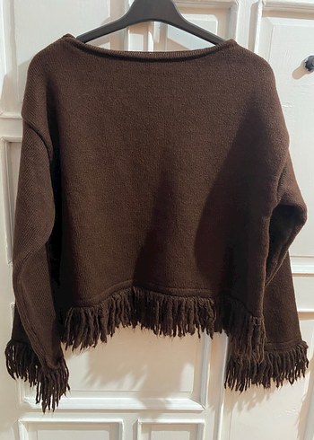 Kahverengi Püsküllü Örgü Kadın Kazak - Görsel 2
