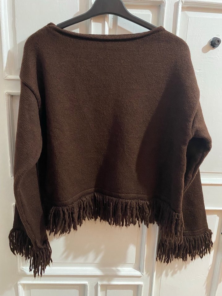 Kahverengi Püsküllü Örgü Kadın Kazak - Görsel 2