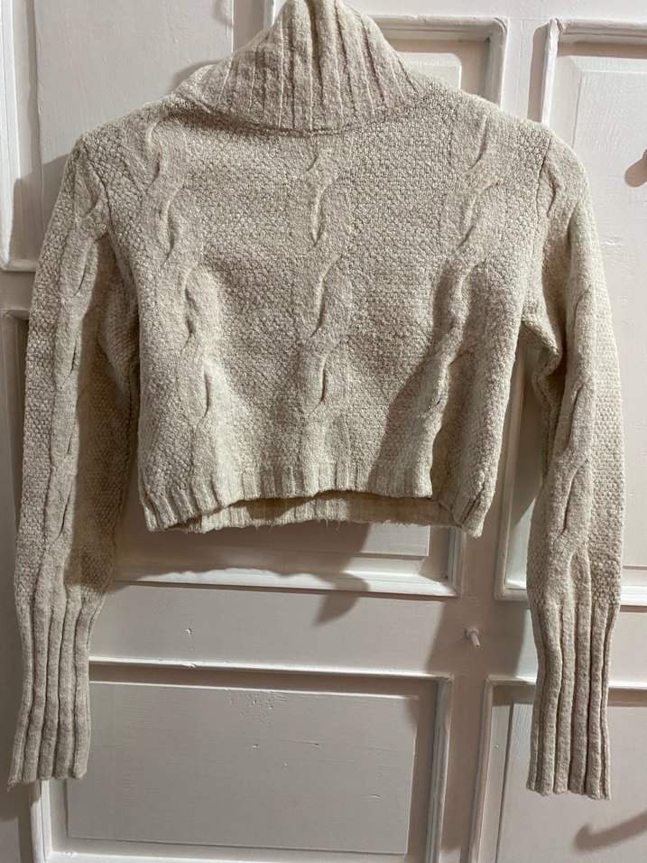 Bej Bohem Boğazlı Kısa Örgü Kazak - Görsel 2