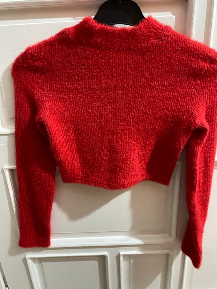 Kırmızı Kadın Örgü Uzun Kollu Kısa Kazak - Görsel 2