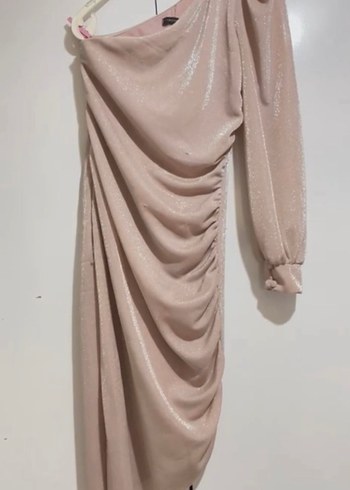 Bej Drapeli Tek Omuz Uzun Kadın Abiye Elbise - Görsel 2