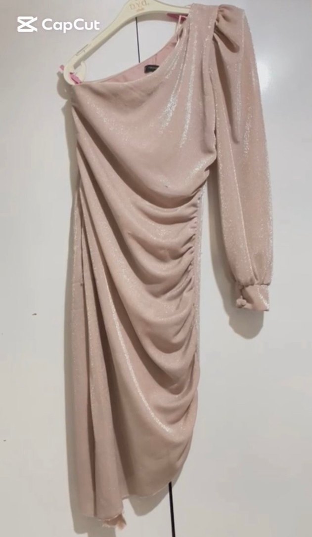 Bej Drapeli Tek Omuz Uzun Kadın Abiye Elbise - Görsel 2