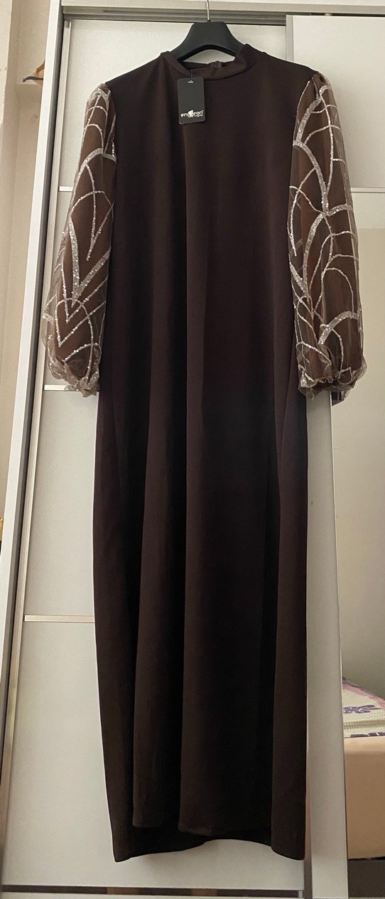 Tesettür Kahverengi Uzun Kollu Kadın Elbise - Görsel 2