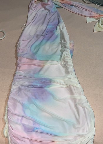 Pastel Renkli Drapeli Uzun Straplez Elbise