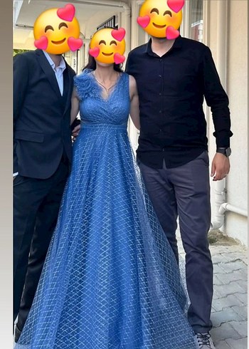Mavi V Yaka Pilili Uzun Abiye Elbise