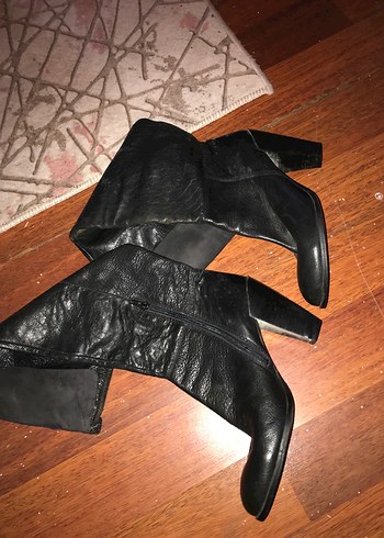 Siyah Deri Stiletto Topuklu Dizüstü Çizmeler - Görsel 3