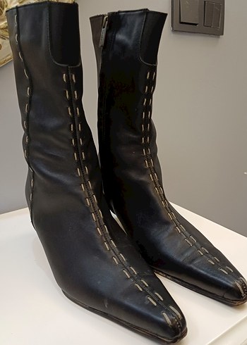 Derimod Siyah Nakışlı Deri Stiletto Bot