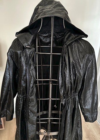 Kadın Siyah Deri Uzun Goth Yağmurluk - Görsel 6