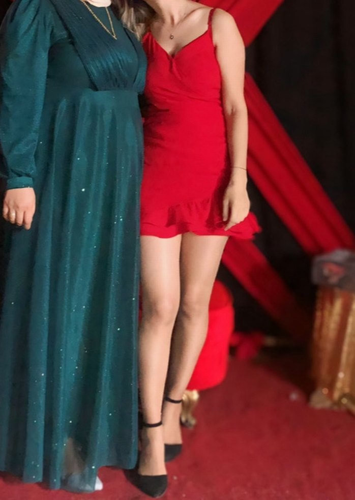 Kırmızı Drapeli ayarlanabilir ip askılı Mini Abiye Elbise - Görsel 2