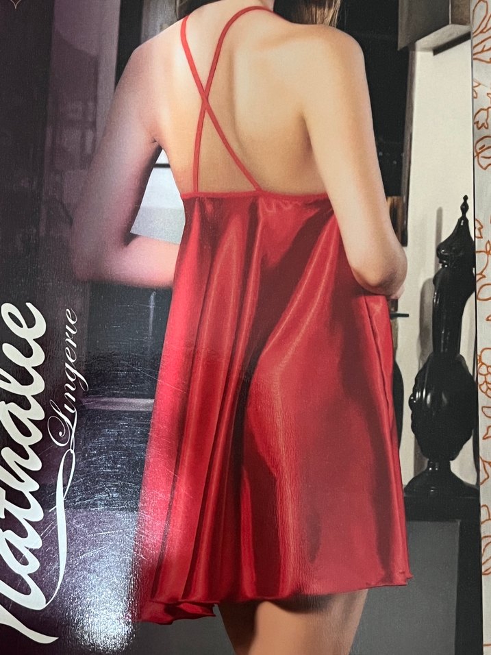 Kırmızı Dantel Detaylı Midi Saten Gecelik - Görsel 2