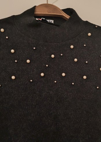 Boncuk Detaylı antrasit Uzun Kollu  Elbise - Görsel 3