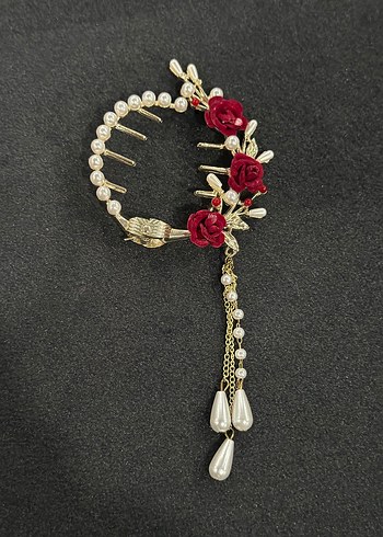 Bordo Boncuklu Çiçekli Saç Tokası - Görsel 3