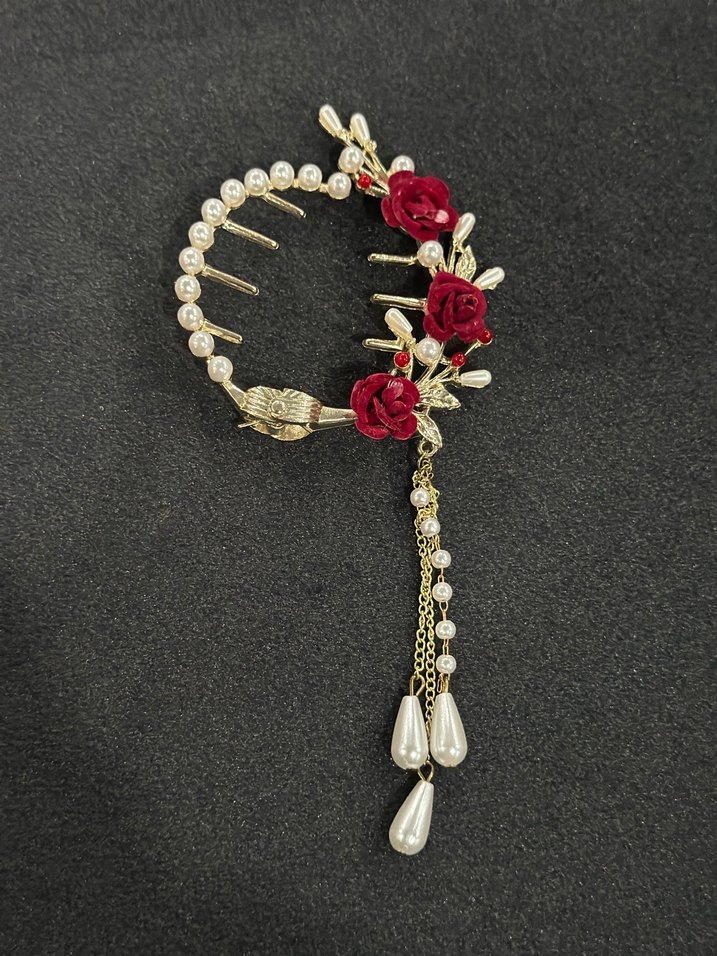 Bordo Boncuklu Çiçekli Saç Tokası - Görsel 3