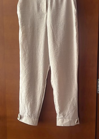 Düğmeli Beyaz Keten Kadın Pantolon