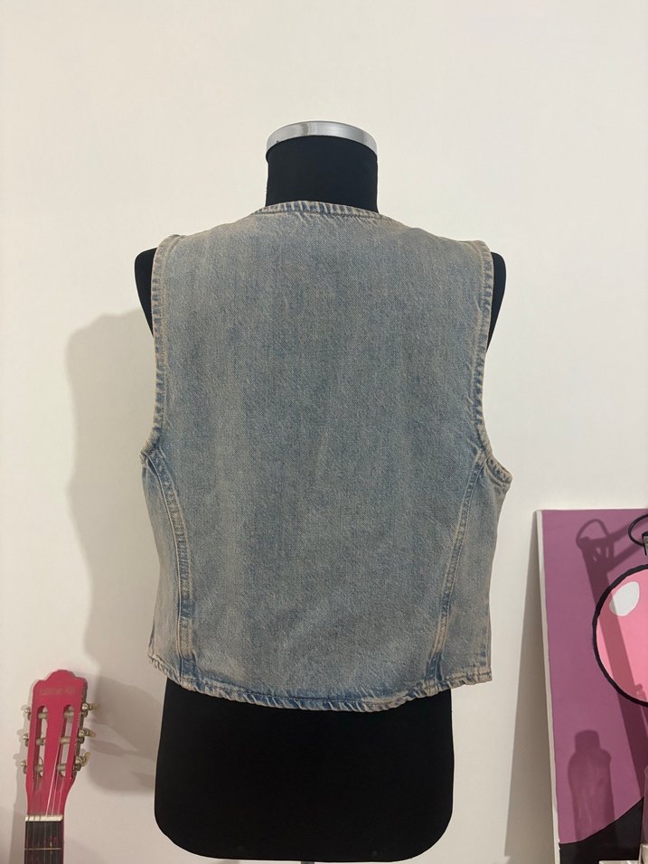 Düğmeli Kolsuz  Denim Yelek - Görsel 2