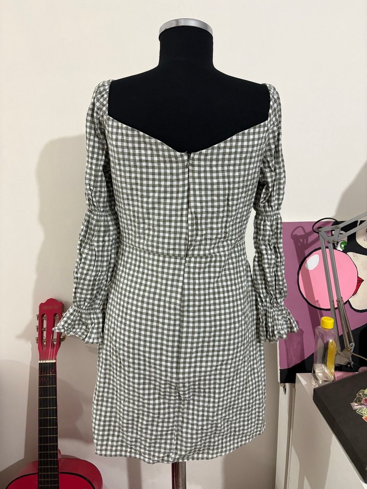 Yeşil Ekoseli V Yaka Midi Elbise - Görsel 2