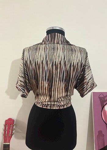 Kahverengi Zebra Desenli Kemerli Mini Gömlek vintage - Görsel 2