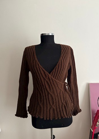 Kahverengi V Yakalı Örgü Kadın Kazak - Görsel 2