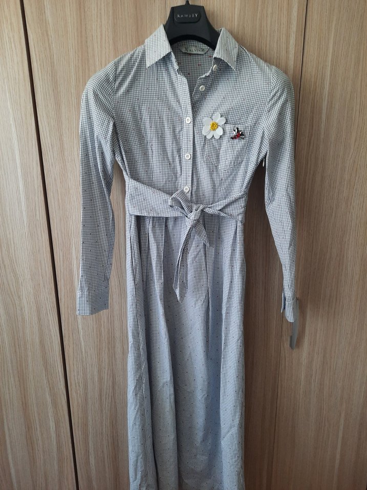 Gri Uzun Kollu Düğmeli elbise - Görsel 2