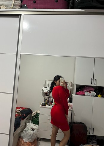 Diğer Kırmızı, Parlak, Uzun Kollu Midi Kadın Elbise
