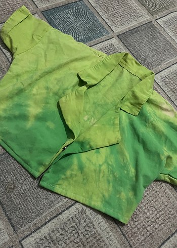 Yeşil Tie-Dye Kısa Kollu Keten ceket