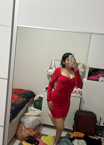 36 Beden Uzun Kollu Kırmızı V Yaka Mini Elbise