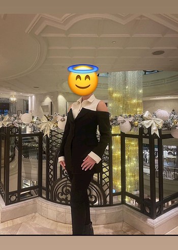 Siyah Düğmeli Strappy Kollu Ofis Takım Elbise
