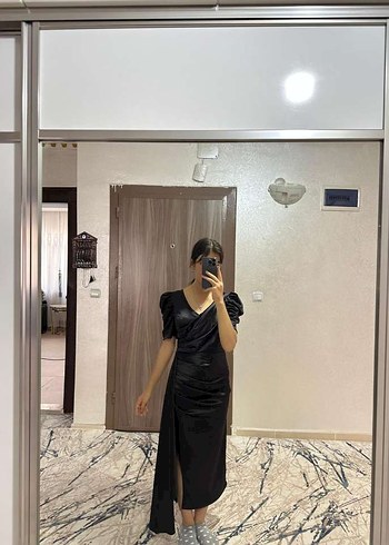 Abiye Siyah Drapeli Uzun V Yaka Gotik Abiye Elbise