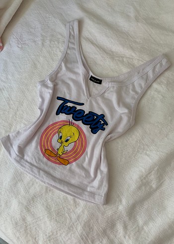 Beyaz Tweety Baskılı V Yakalı Kolsuz Tişört