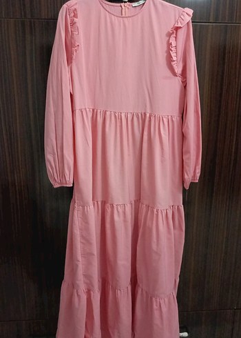 Pembe Uzun Kollu Fırfırlı Uzun Elbise