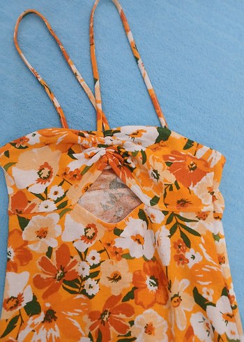 H&M Turuncu Çiçek Desenli Straplez Midi Elbise