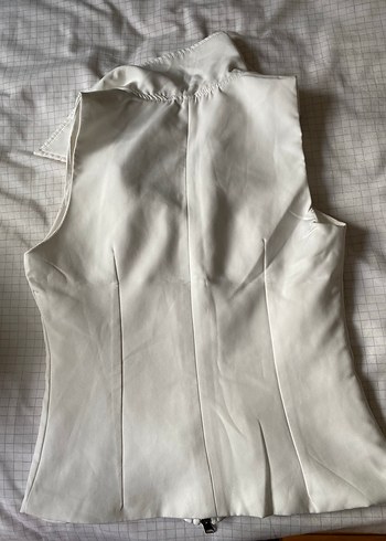 Beyaz Keten Fermuarlı Kadın Yelek - Görsel 5