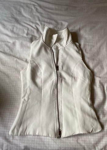 Beyaz Keten Fermuarlı Kadın Yelek - Görsel 2