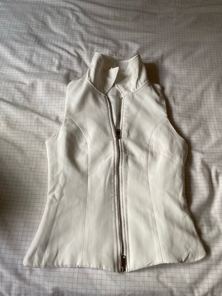 Beyaz Keten Fermuarlı Kadın Yelek - Görsel 2