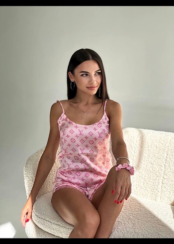 universal Beden pembe Renk Pembe Bağlama Desenli Mini Kadın Pijama Takımı