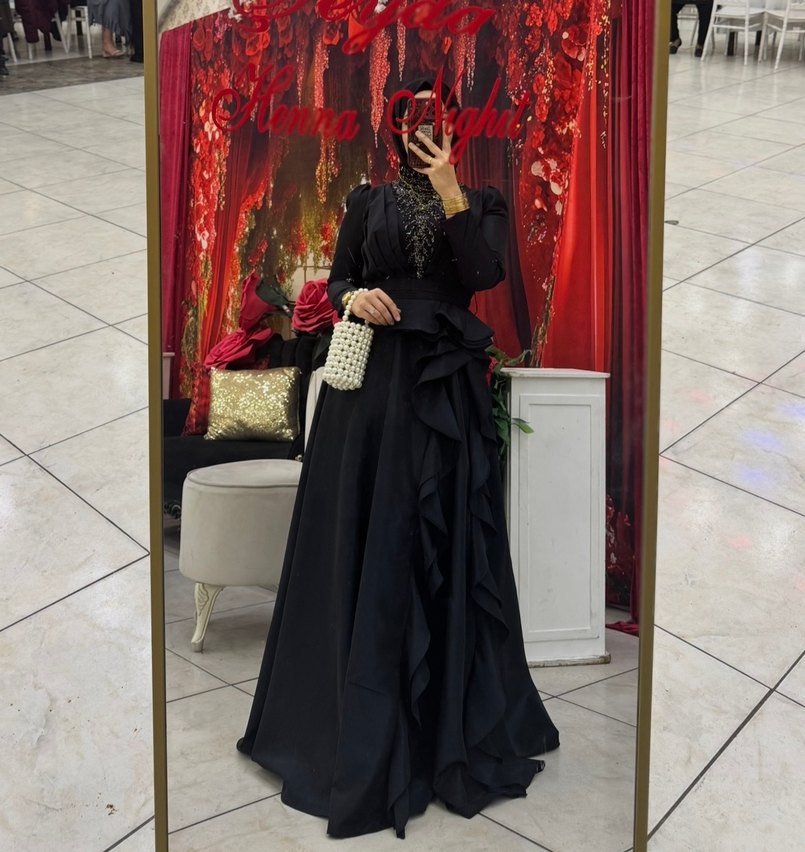 Siyah Uzun Kollu tesettür Abiye Elbise - Görsel 2