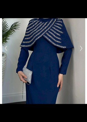 Mavi Uzun Drapeli tesettür Abiye Elbise - Görsel 2