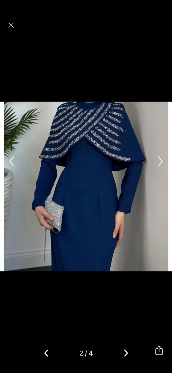 Mavi Uzun Drapeli tesettür Abiye Elbise - Görsel 2