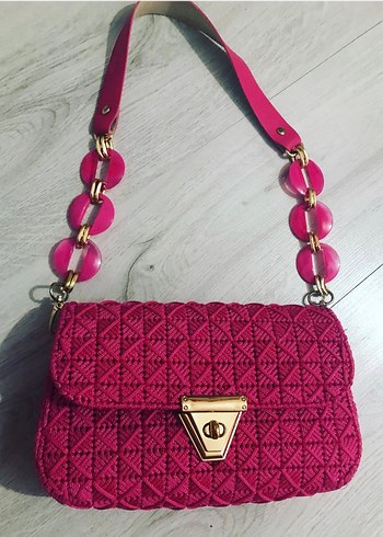Pembe Örgü Kadın Çanta Zincir Detaylı