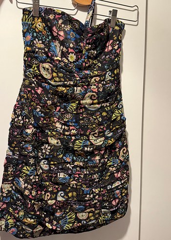 s Beden çeşitli Renk ZARA Desenli Drapeli Mini Straplez Elbise