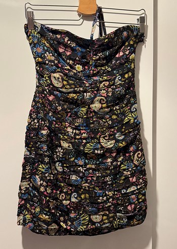 ZARA Desenli Drapeli Mini Straplez Elbise