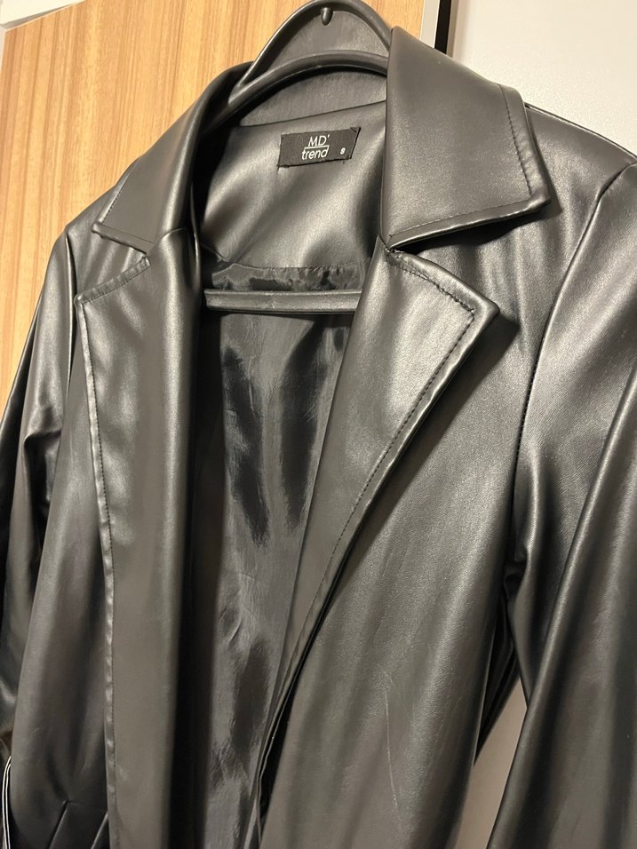 Uzun deri siyah trençkot s beden - Görsel 2