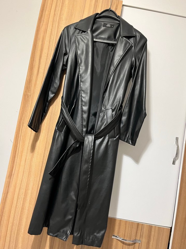 Uzun deri siyah trençkot s beden - Görsel 3