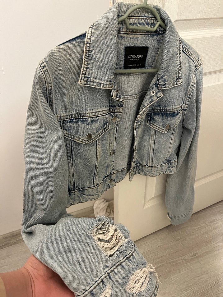 mavi crop kot ceket - Görsel 3