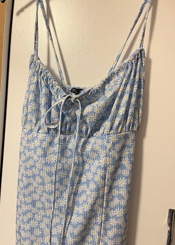 Mavi Bağcıklı Uzun Kadın çiçekli elbise içi astarlı - Görsel 3