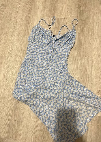 Mavi Bağcıklı Uzun Kadın çiçekli elbise içi astarlı